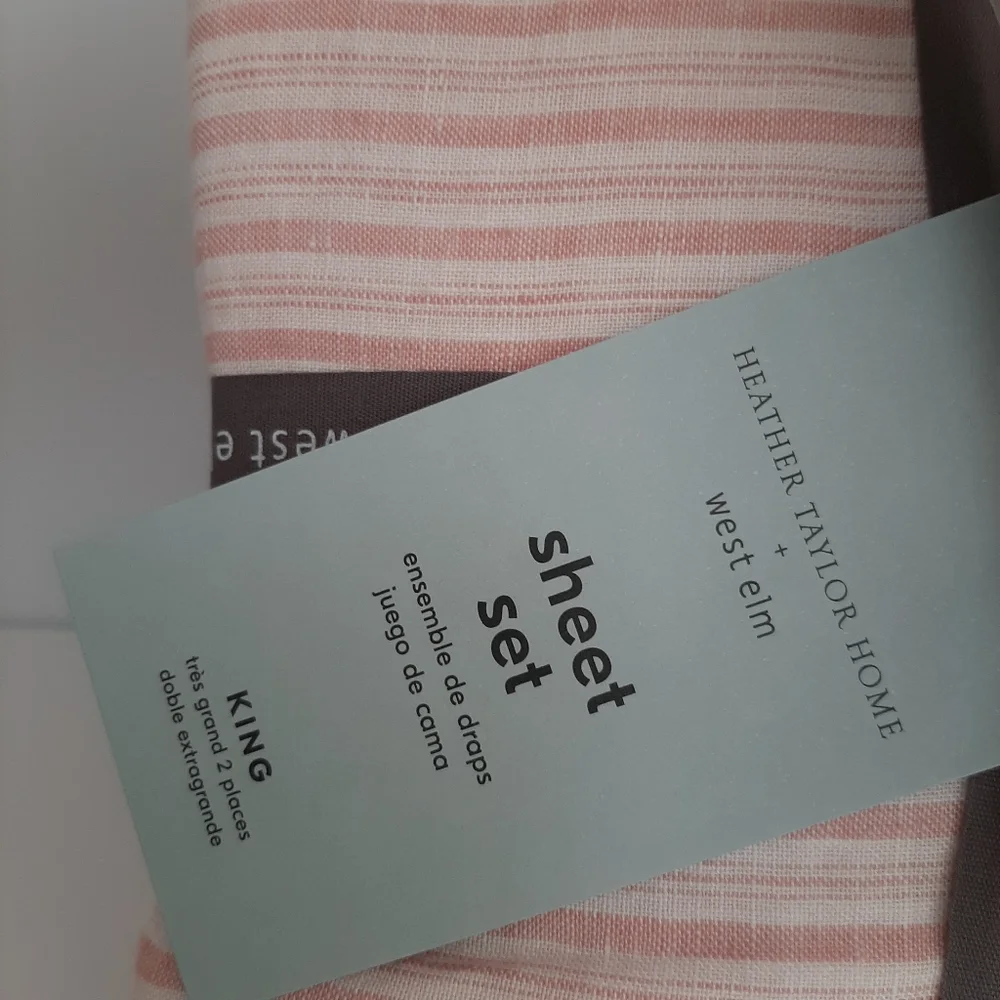 West Elm Heather Taylor Home Canyon Stripe Ruffle European Flax Linen Sheet Set